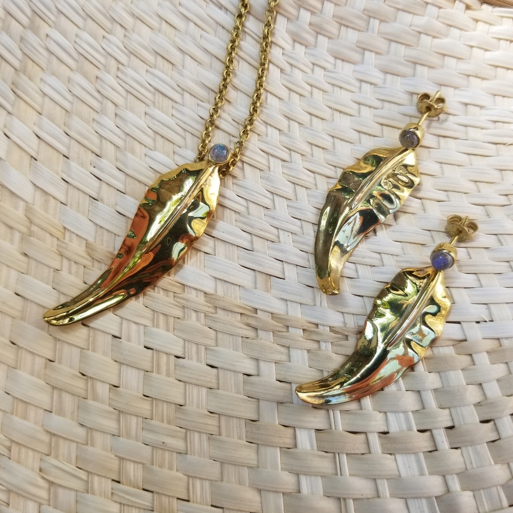 Brass Labradorite pendant leaf pendant necklace earrings set